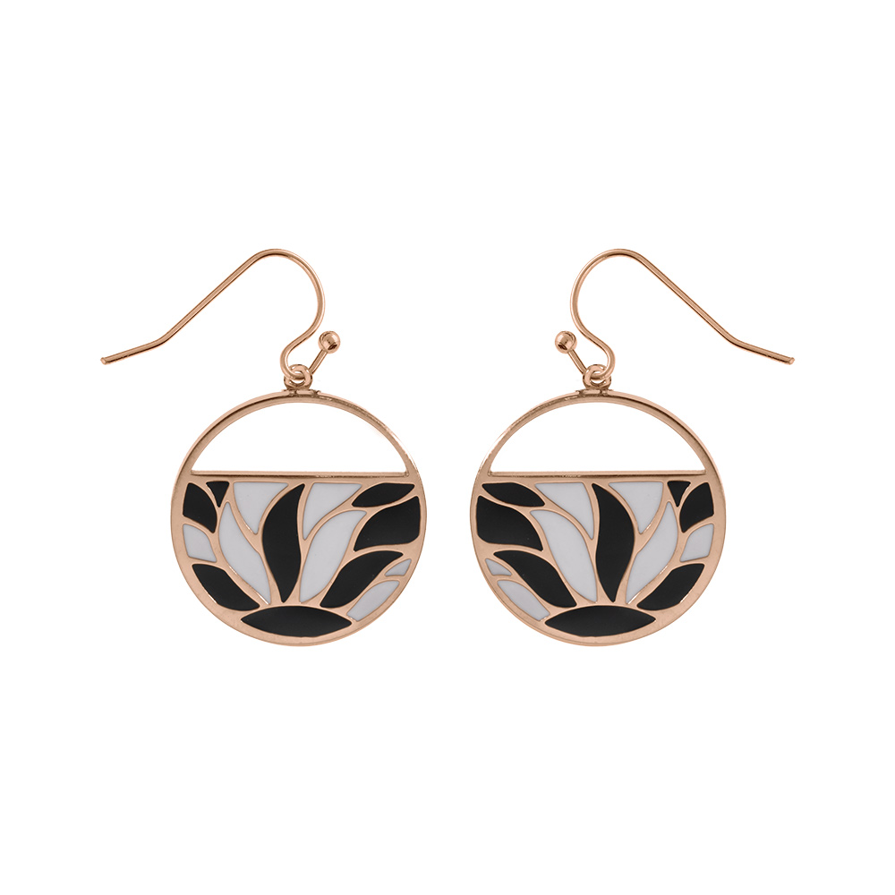 Boucles d'oreille Stella Mia acier et PVD rose ronde motif végétal avec résine blanche et noire fermoir crochet