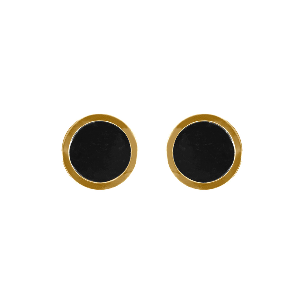 Boucles d'oreille en acier doré jaune fermoir à vis sur fond caoutchouc résine noire 8mm