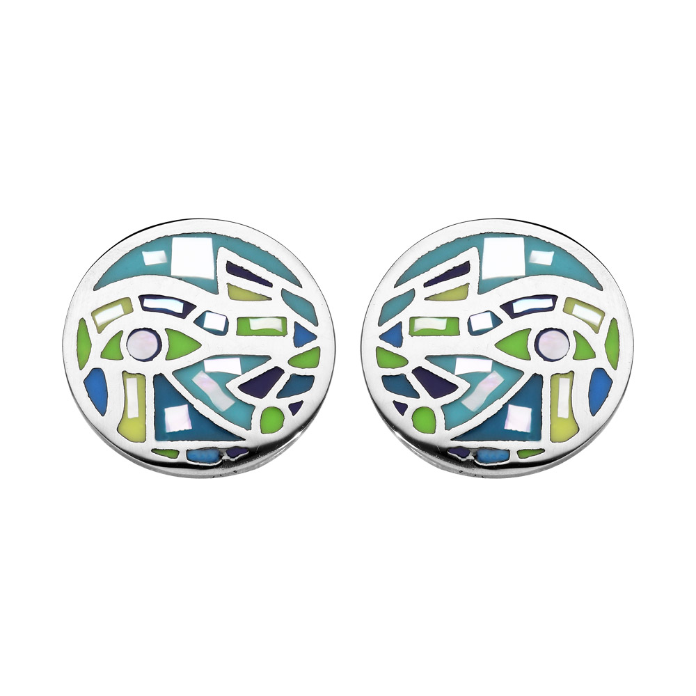 Boucles d'oreille en acier Stella Mia ronde vert et nacre et fermoir poussette
