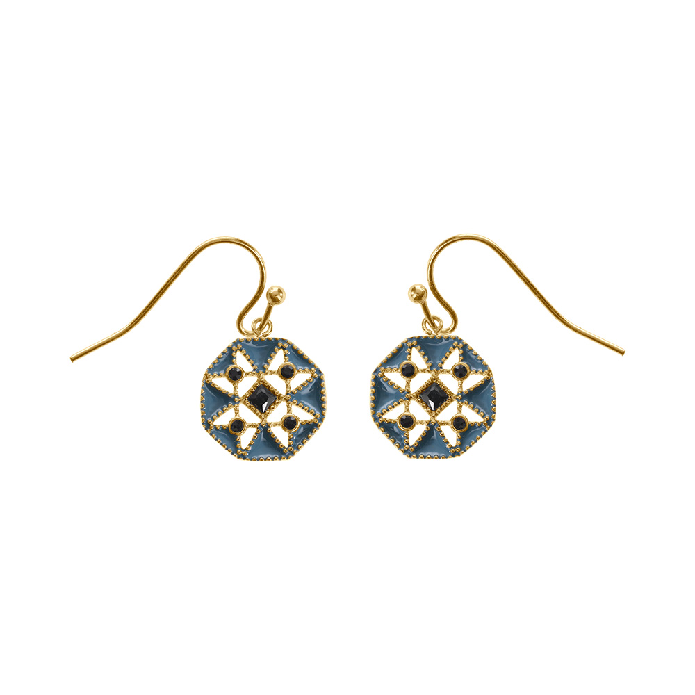 Boucles d'oreille crochet en acier doré résine bleu et oxydes blancs