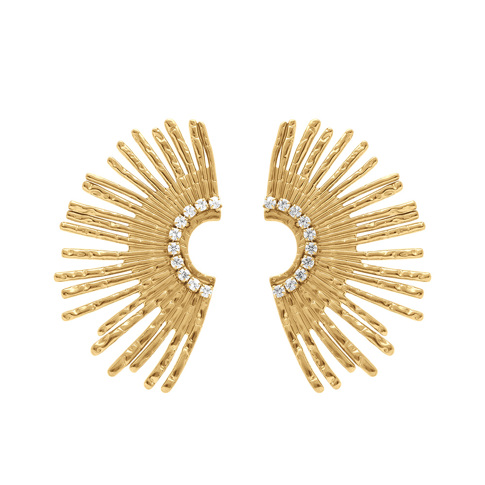 Boucles d'oreille tige en acier doré forme eventail oxydes blancs