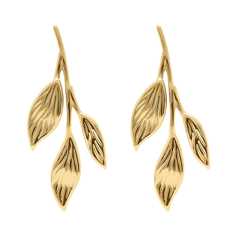 Boucles d'oreille tige en acier doré pendantes feuillage