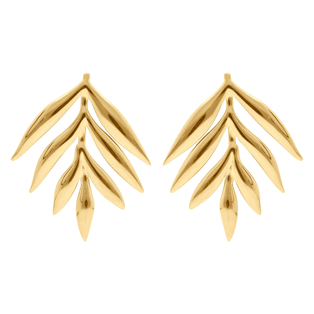 Boucles d'oreille tige en acier doré pendantes motif feuillage