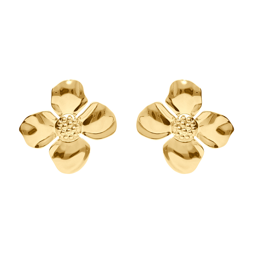 Boucles d'oreille tige en acier doré jaune motif fleur