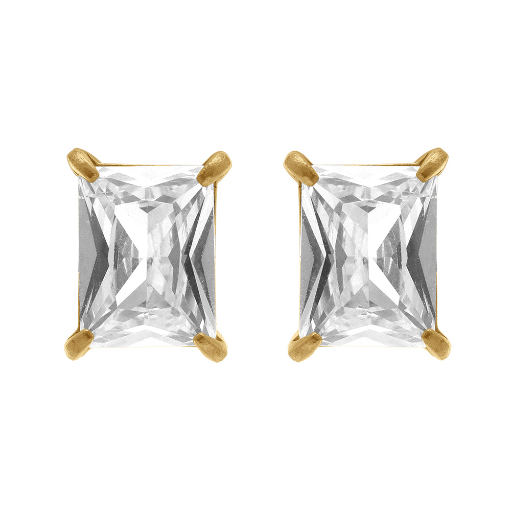 Boucles d'oreille tige en acier doré :oxyde blanc serti rectangulaire  -5.8mm X 9.3mm