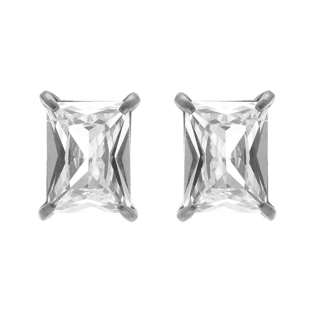 Boucles d'oreille tige en acier, oxyde blanc serti forme rectangulaire - 5.8mm X 9.3mm