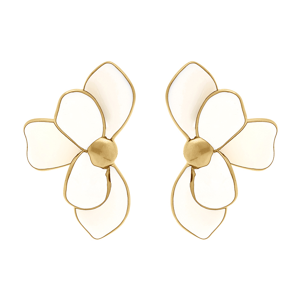 Boucles d'oreille Stella Mia tige en acier doré demi fleur résine blanche