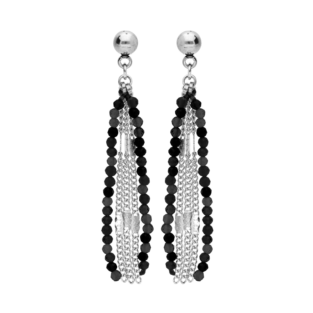 Boucles d'oreille en acier chaînette et pierres noires et fermoir poussette