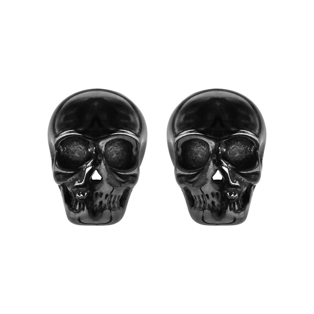 Boucles d'oreilles tige en acier et PVD noir tête de mort - 13 X 9mm