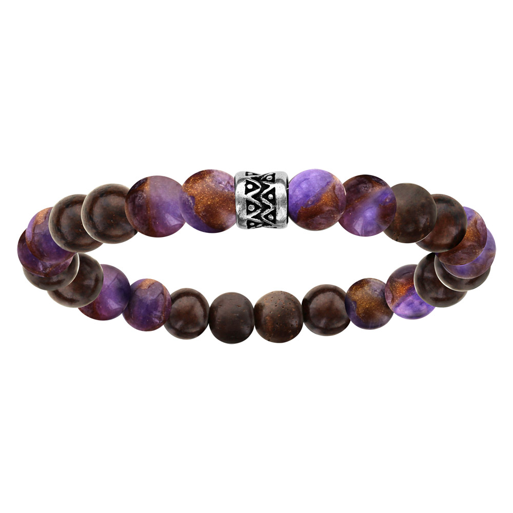 Bracelet acier elastique perles bois et quartz violet