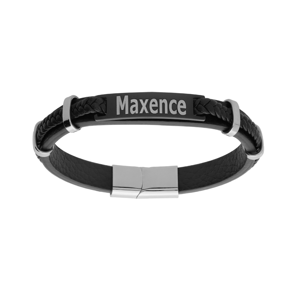 Bracelet en acier et cuir bovin noir avec plaque à graver - 19cm+1cm double fermoir