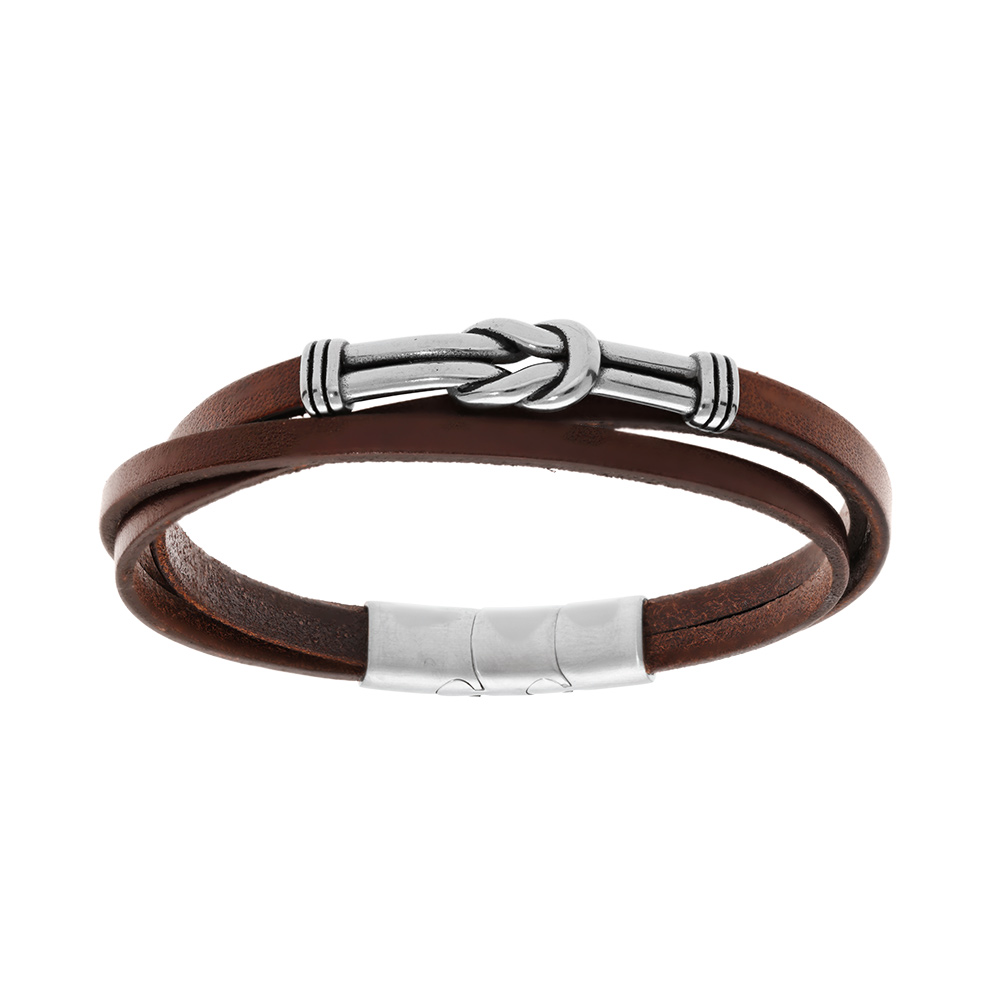 Bracelet en acier et cuir bovin marron 3 rangs motif noeud 19+1cm double fermoir