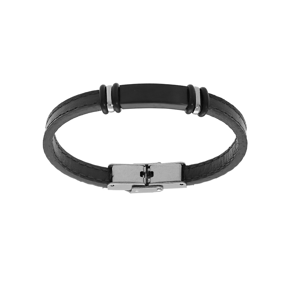 Bracelet junior en acier et cuir bovin noir avec plaque noire à graver - 16.5cm réglable