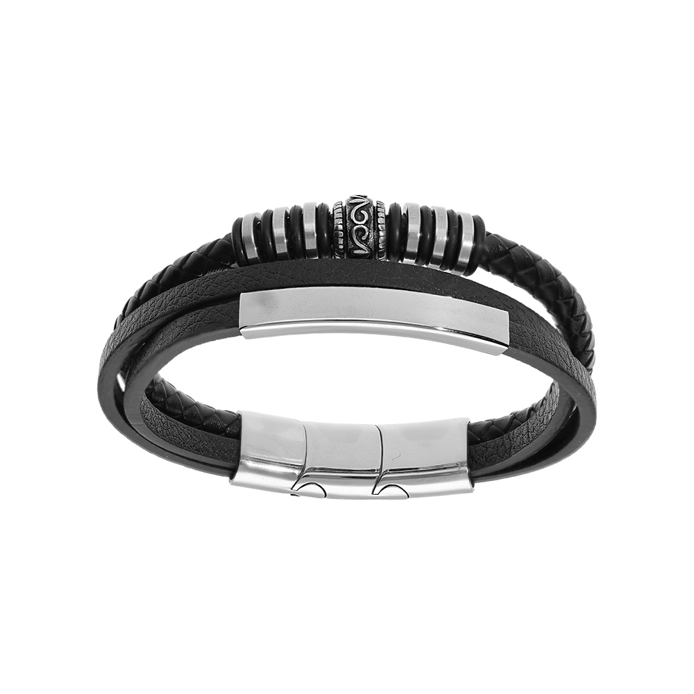 Bracelet en acier et cuir marron 3 rangs avec plaque à graver 21cm + 1cm double fermoir aimanté