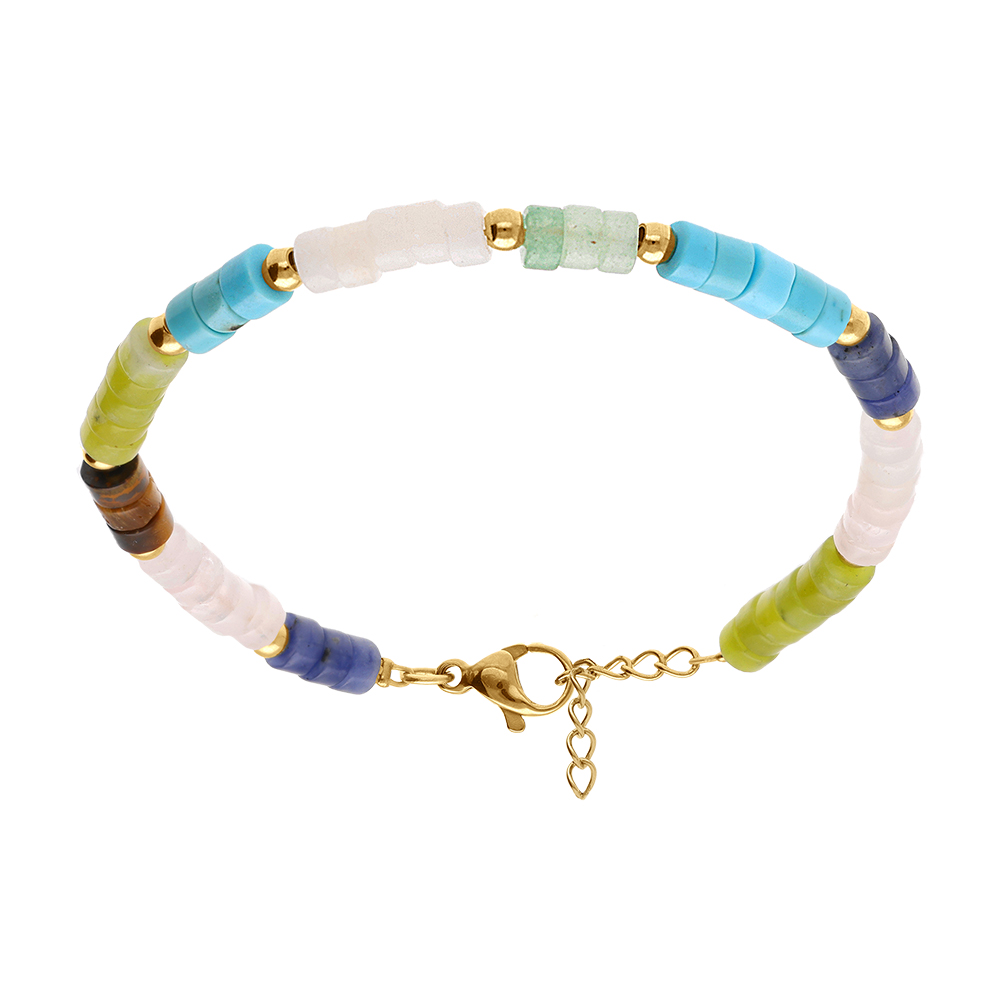 Bracelet en acier rondelles sodalite, olivine, quartz, oeil de tigre véritable et turquoise imitation 16+3cm