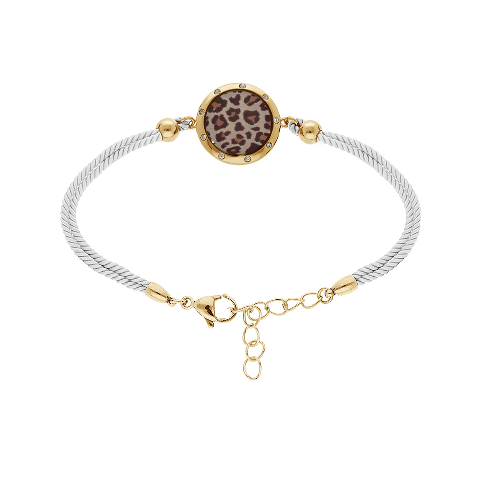 Bracelet  Stella Mia en acier doré  cordon blanc motif rond avec résine léopard 16+3cm
