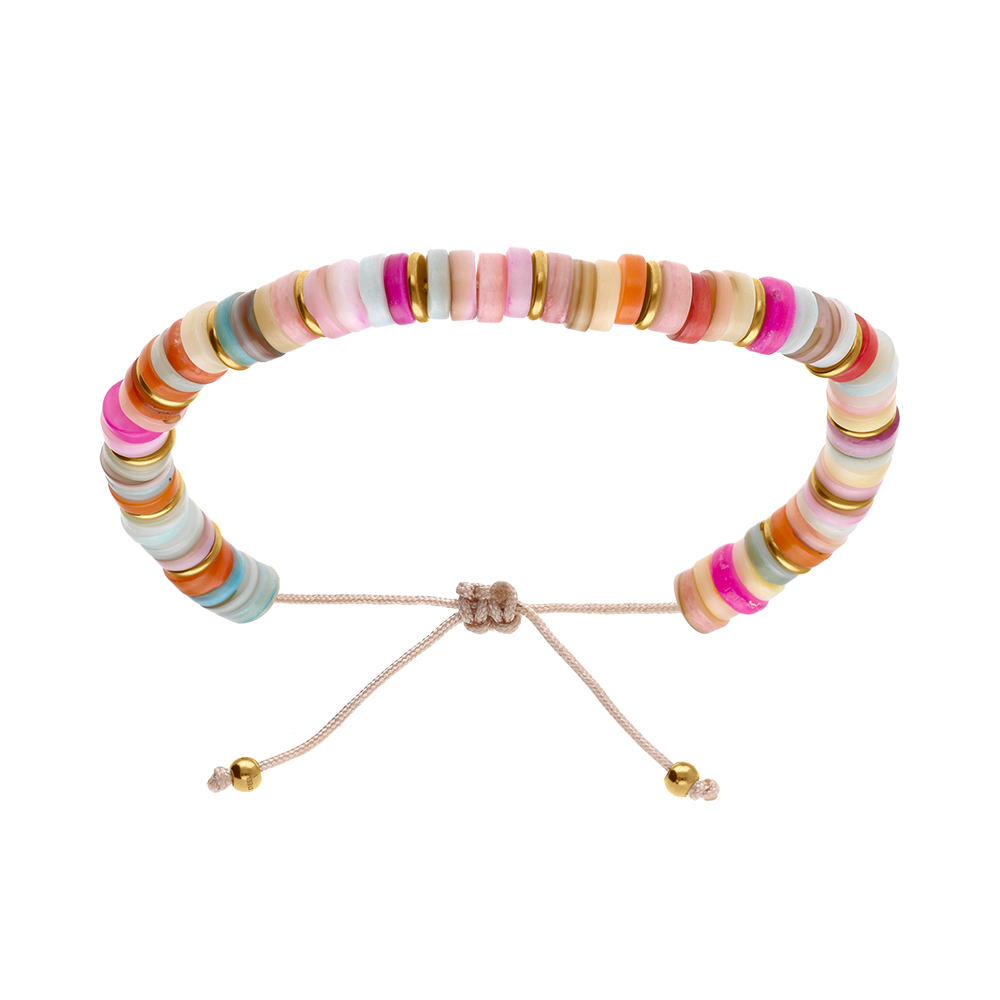 Bracelet en acier et PVD doré, réglable rondelles coquillage teinté multicolore