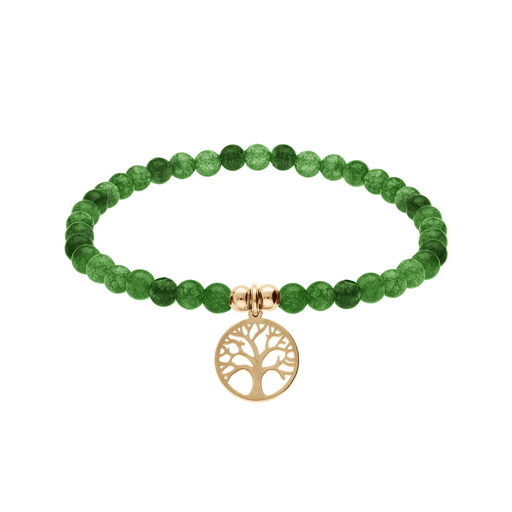 Bracelet extensible en acier et PVD jaune perles 4mm pierres naturelles Agate verte et pampille arbre de vie