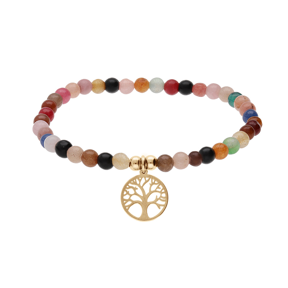 Bracelet extensible en acier et PVD jaune perles 4mm pierres naturelles Agate multi couleur et pampille arbre de vie