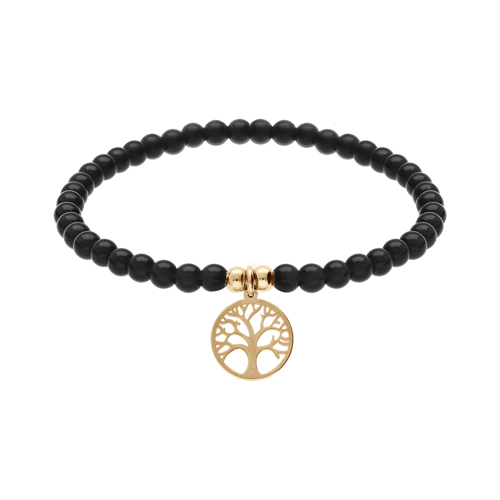 Bracelet extensible en acier et PVD jaune perles 4mm pierres naturelles Agate noire et pampille arbre de vie