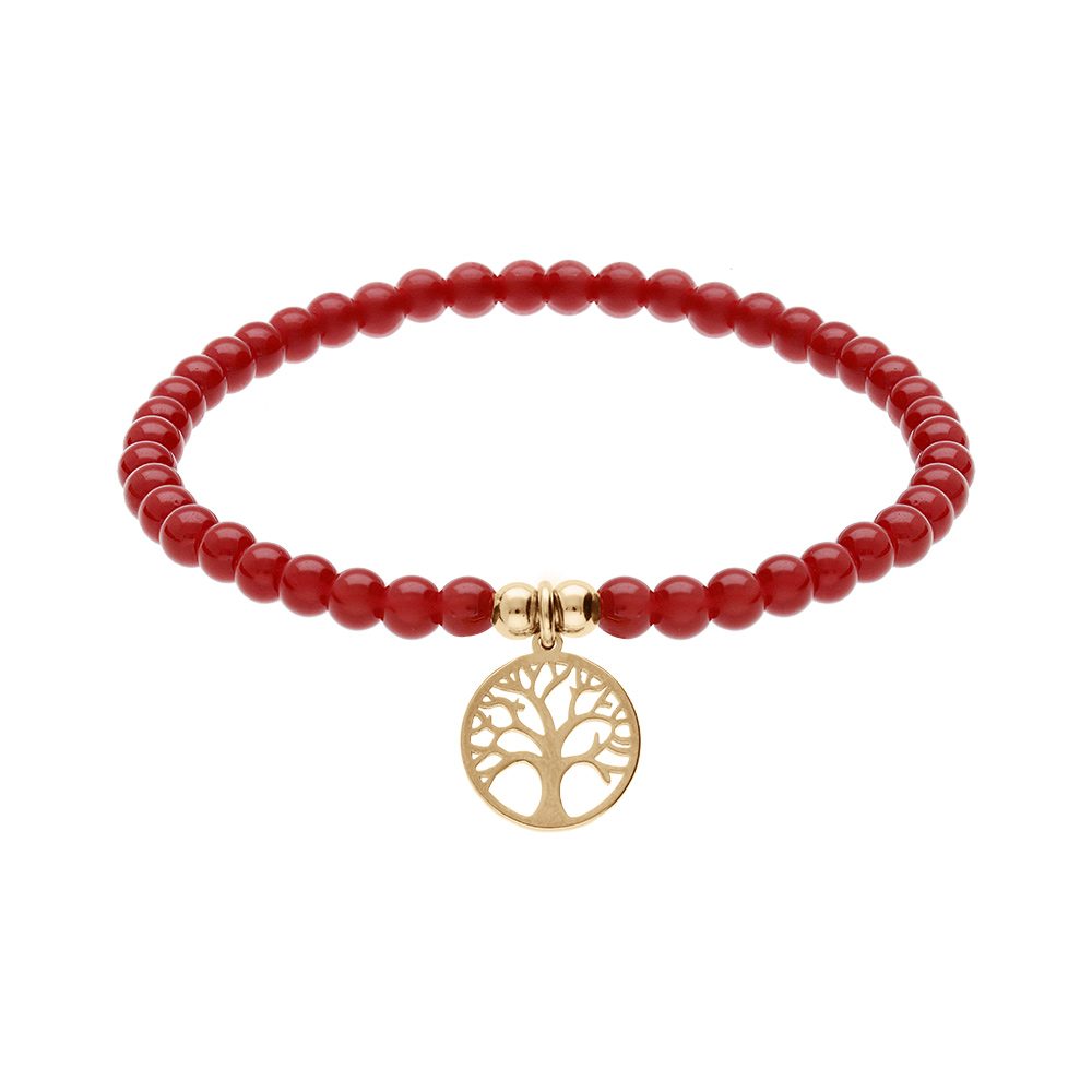Bracelet extensible en acier et PVD jaune perles 4mm pierres naturelles Agate rouge et pampille arbre de vie