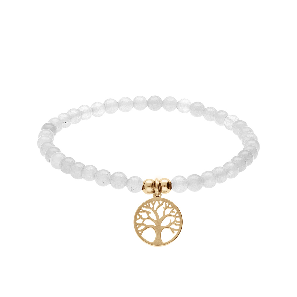 Bracelet en acier et PVD doré extensible perles 4mm pierres naturelles Agate blanche et pampille arbre de vie