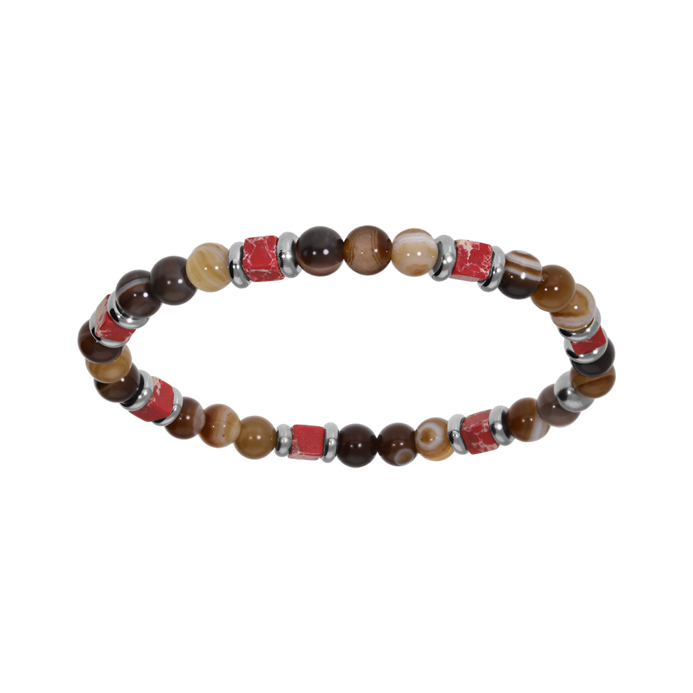 Bracelet en acier extensible boules agate et howlite paesine véritable et cube hématite