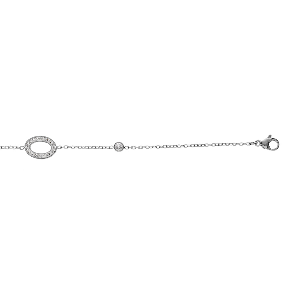 Bracelet en acier ovale contour résine et strass et un oxyde blanc 17+3cm
