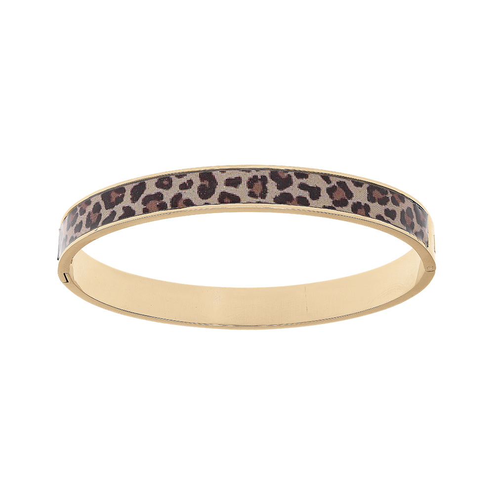 Bracelet Stella Mia en acier doré, rigide et articulé largeur 8mm diamètre 60mm motif résine léopard