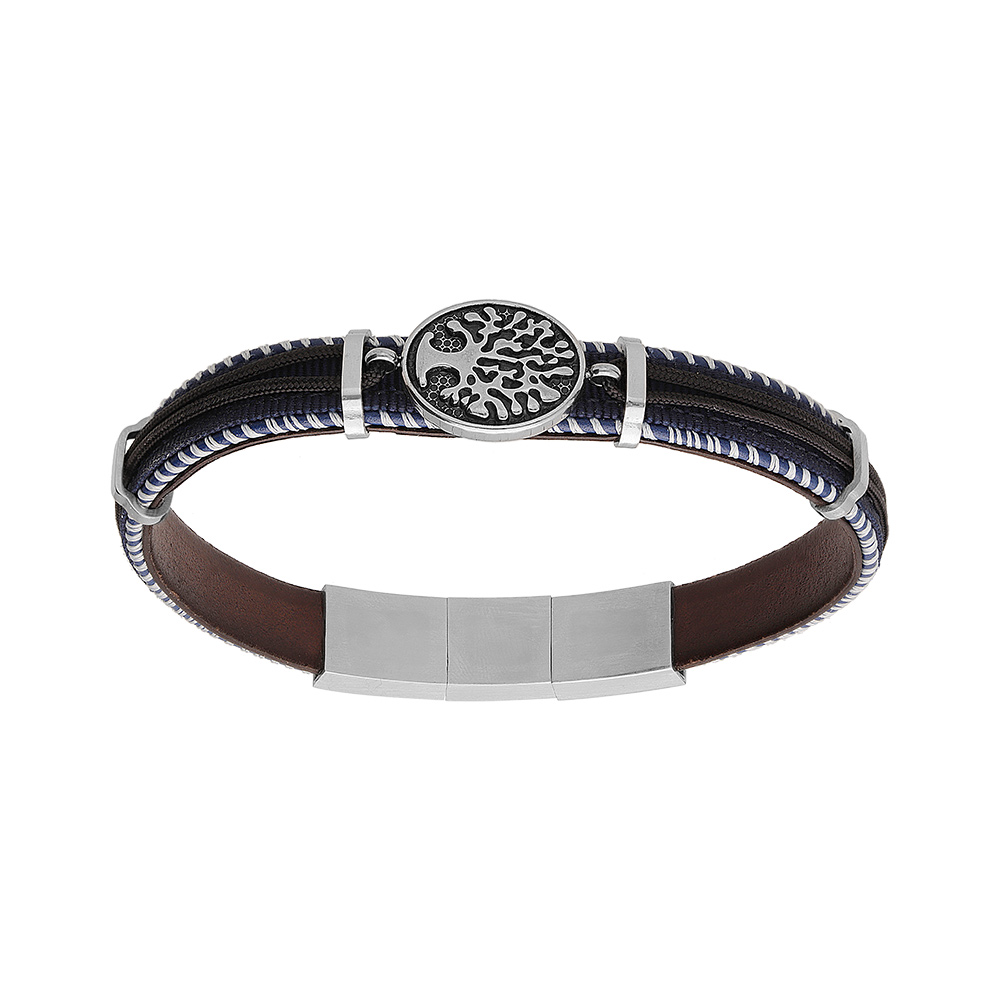 Bracelet en acier et cuir véritable marron extérieur bracelet tissu bleu pastille motif arbre de vie 20.5+1cm double fermoir
