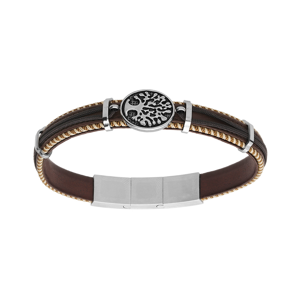 Bracelet en acier et cuir véritable marron et bleu pastille motif arbre de vie 20.5+1cm double fermoir