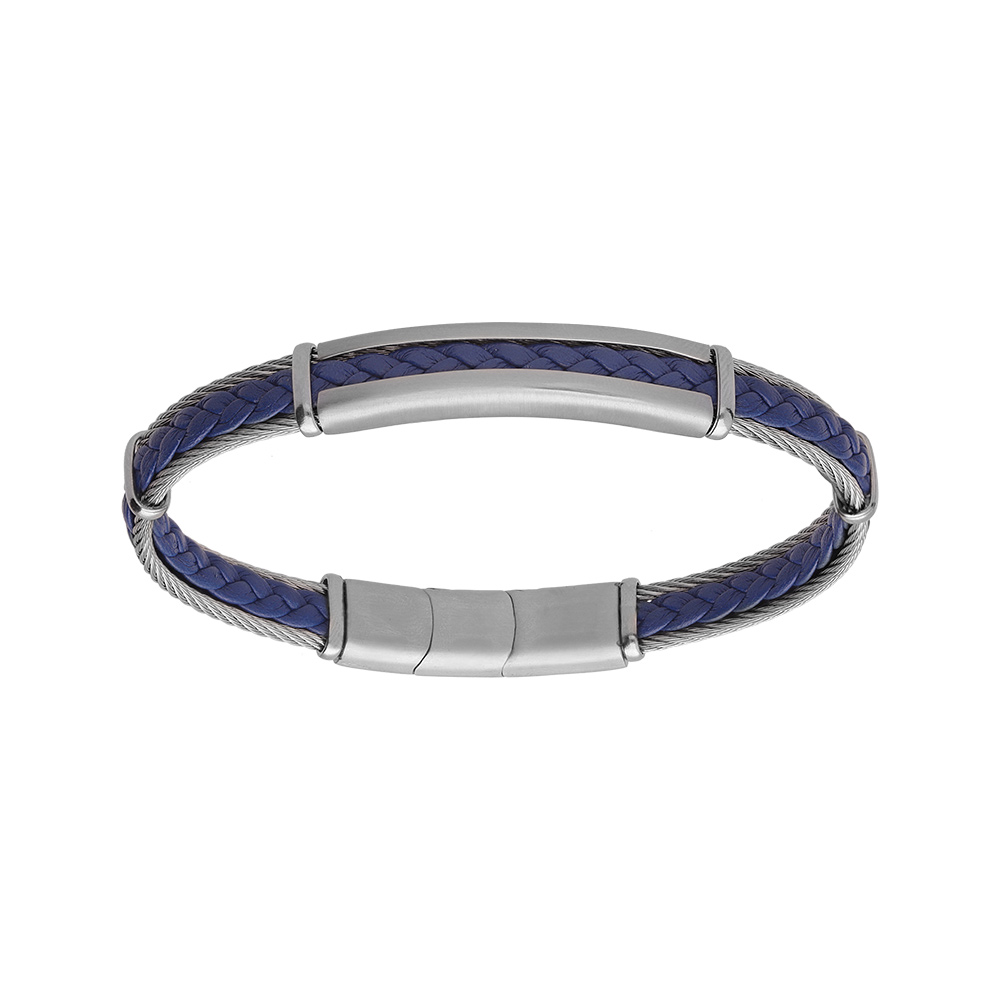Bracelet en acier et câble cuir véritable tressé couleur bleu 20+1cm double fermoir