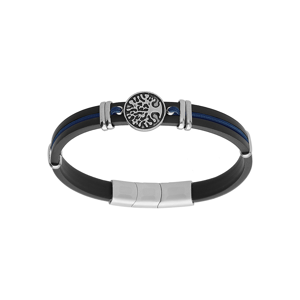 Bracelet en acier et caoutchouc noir avec cordon bleu pastille motif arbre de vie 19.5+1cm double fermoir