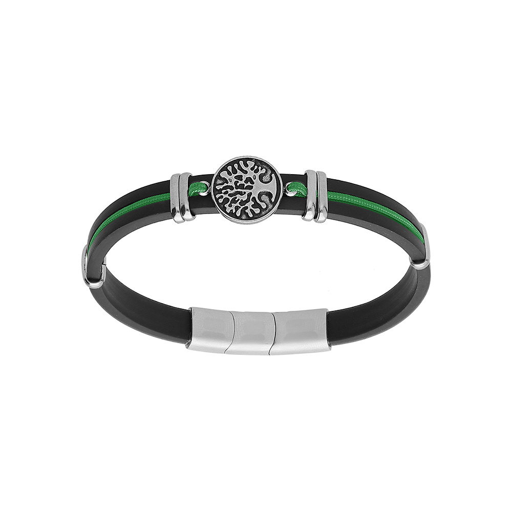 Bracelet en acier et caoutchouc noir avec cordon vert pastille motif arbre de vie 19.5+1cm double fermoir