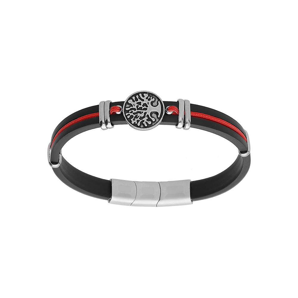 Bracelet en acier et caoutchouc noir avec cordon rouge pastille motif arbre de vie 20+1cm double fermoir
