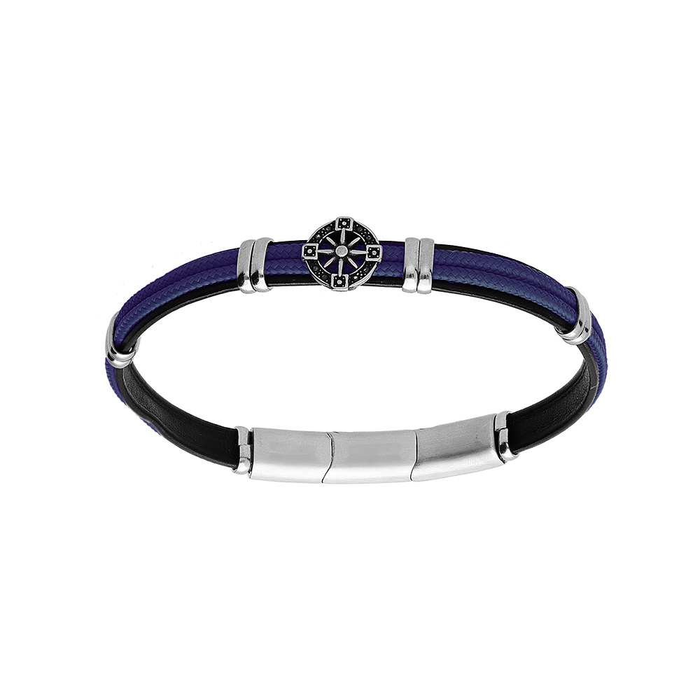 Bracelet en acier et cuir noir, cordon bleu et pastille motif roue 20+1cm double fermoir