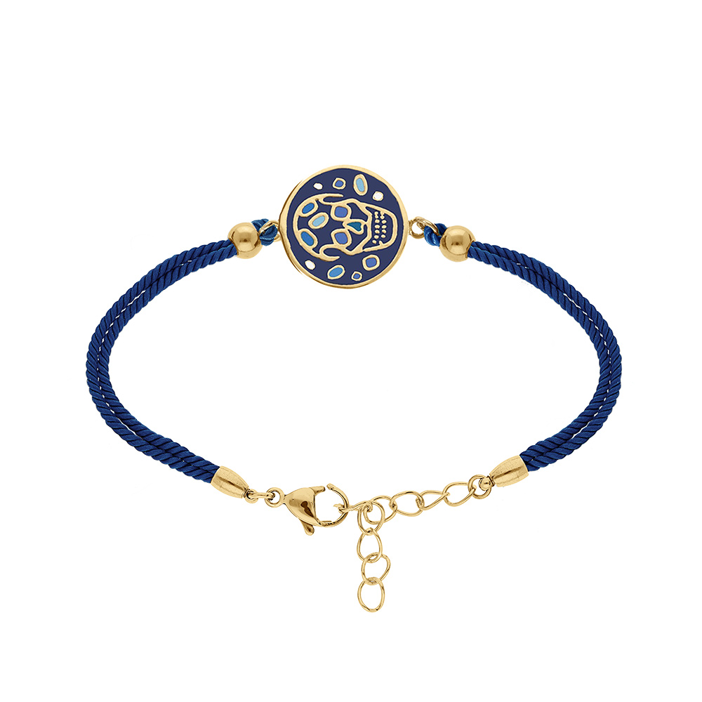 Bracelet Stella Mia en acier doré jaune tête de mort résine noire et bleu cordon noir  - 16+3cm