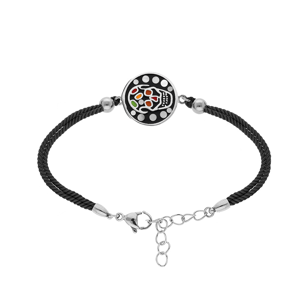 Bracelet Stella Mia en acier tête de mort résine multi couleur et nacre cordon noir  - 16+3cm