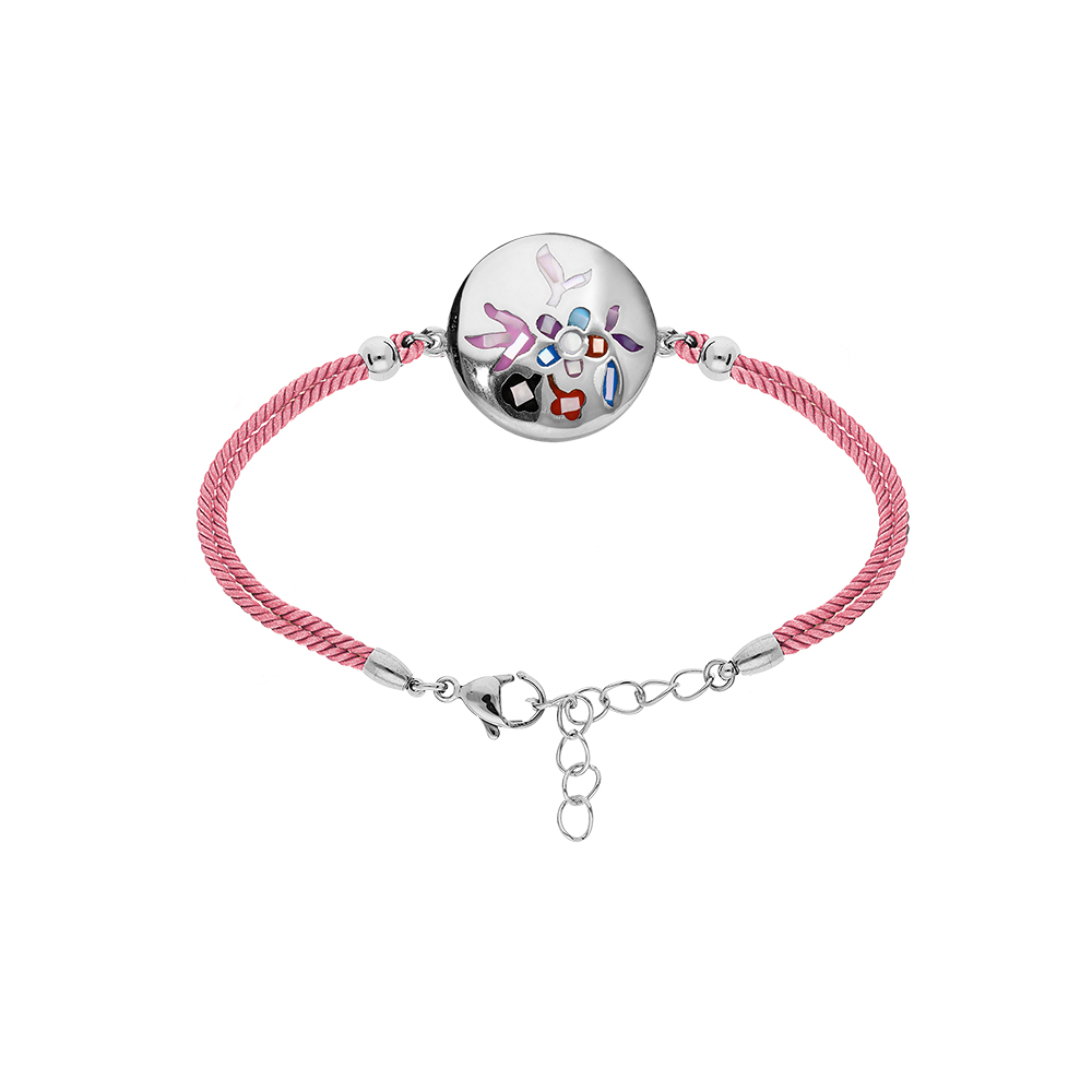 Bracelet Stella Mia en acier cordon rose avec pastille ronde multi-couleur et nacre  15,5+3,5cm