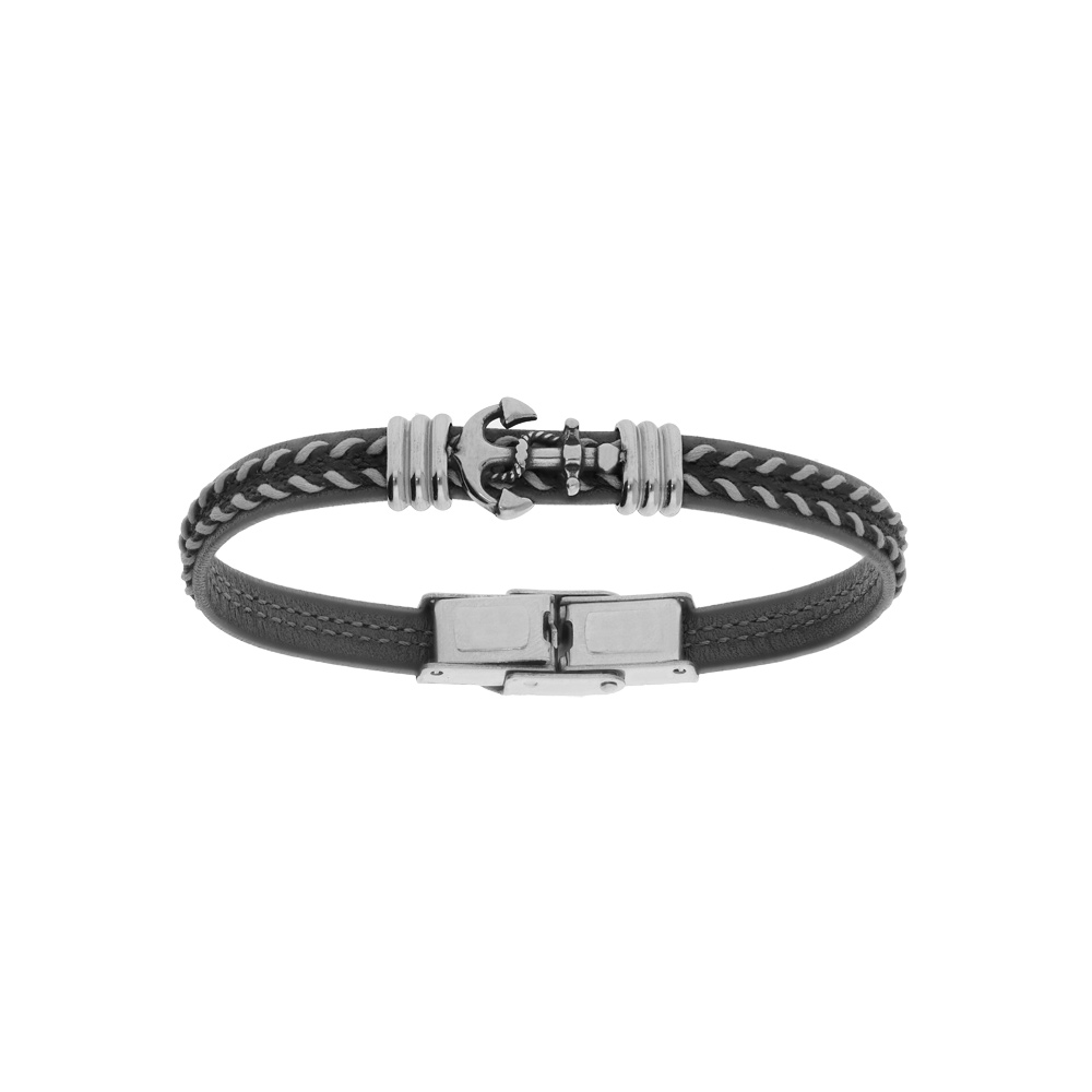 Bracelet junior en acier tissu noir et gris avec motif ancre marine 16.5cm