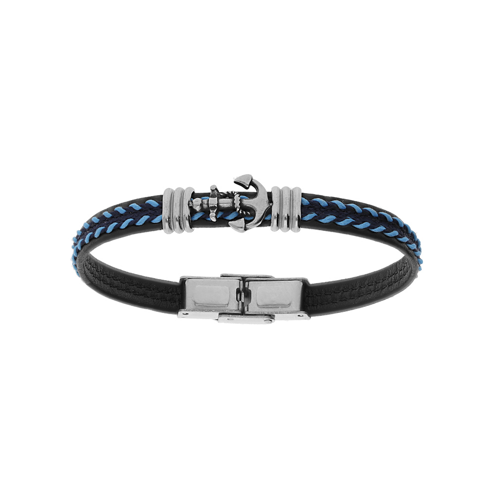 Bracelet junior en acier tissu noir et bleu motif ancre marine 16.5cm