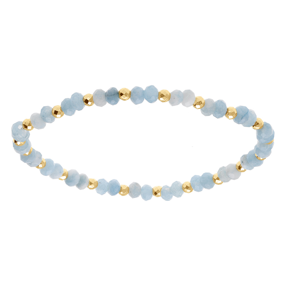 Bracelet extensible agate bleu ciel véritable et boules acier doré