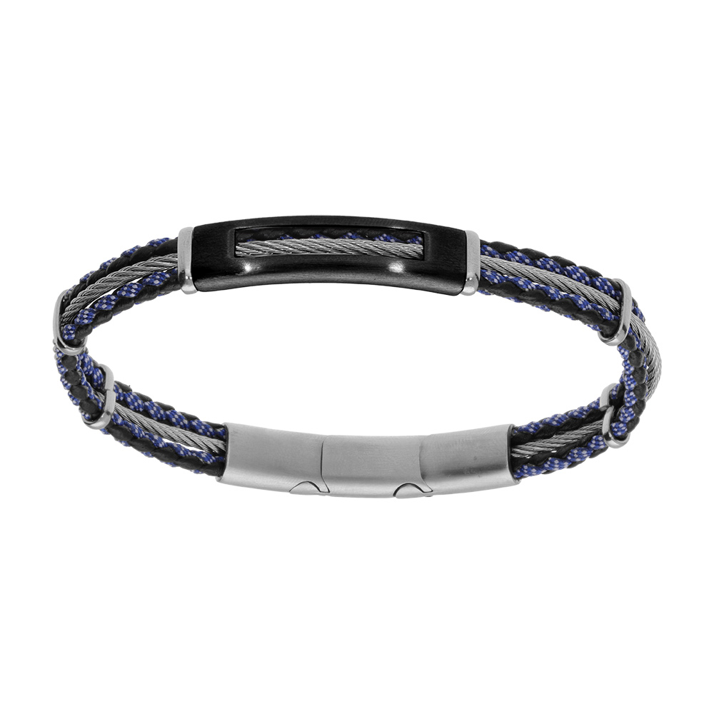 Bracelet en acier cordon bleu et noir avec câble gris pièce rectangulaire au centre longueur 20+1cm double fermoir
