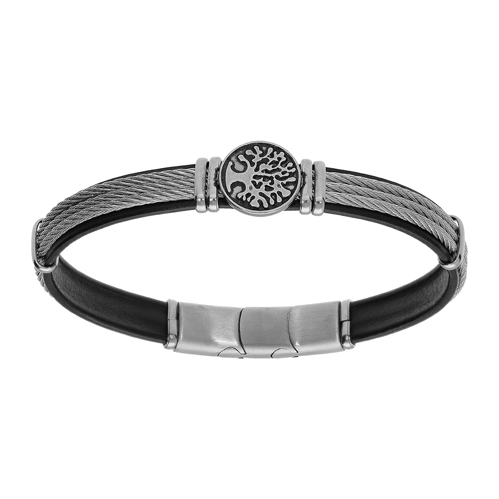 Bracelet en acier et cuir bovin noir, 3 rangs câble gris au centre et pastille motif arbre de vie longueur 20+1cm double fermoir
