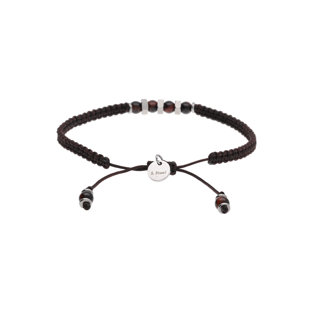 Bracelet en acier junior cordon réglable marron 4 boules marrons