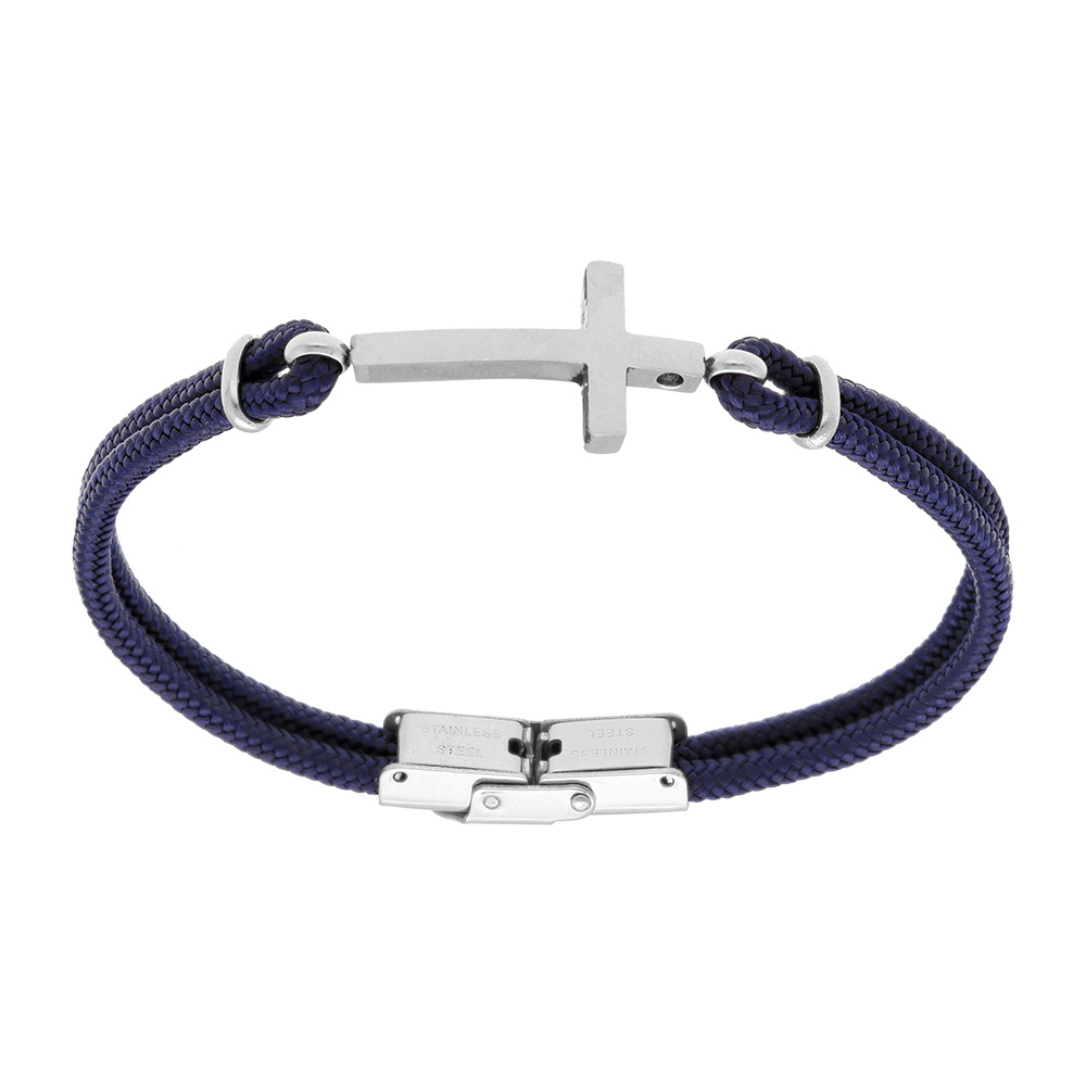 Bracelet en acier double cordon bleu croix - 25mm 21cm réglable