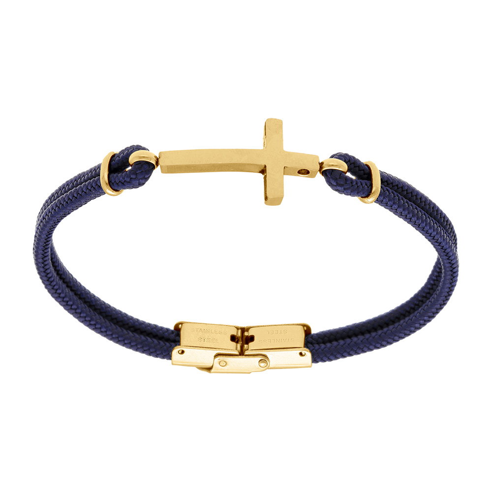 Bracelet en acier double cordon bleu croix dorée -  25mm 21cm réglable