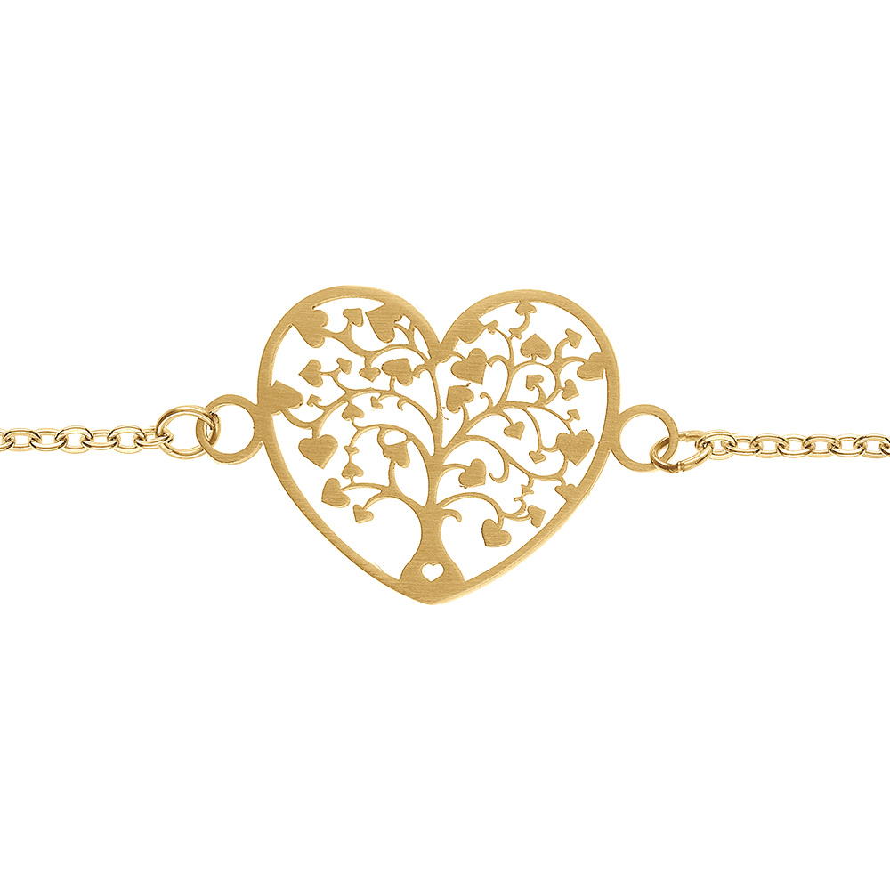 Bracelet acier PVD doré coeur arbre de vie decoupe 18mm réglable 16 à 19cm