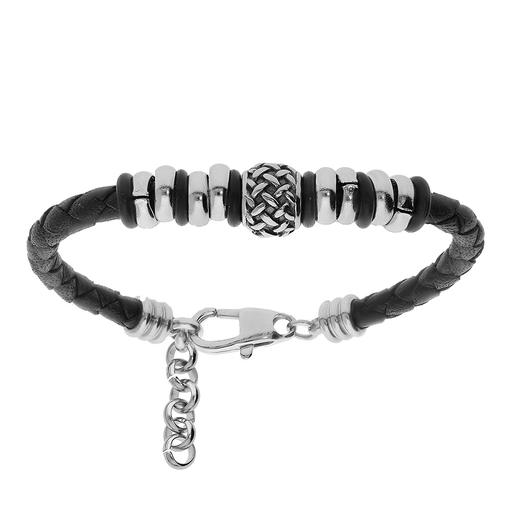 Bracelet junior en acier et cuir noir avec rondelles et perle avec motif croisé 14+3cm