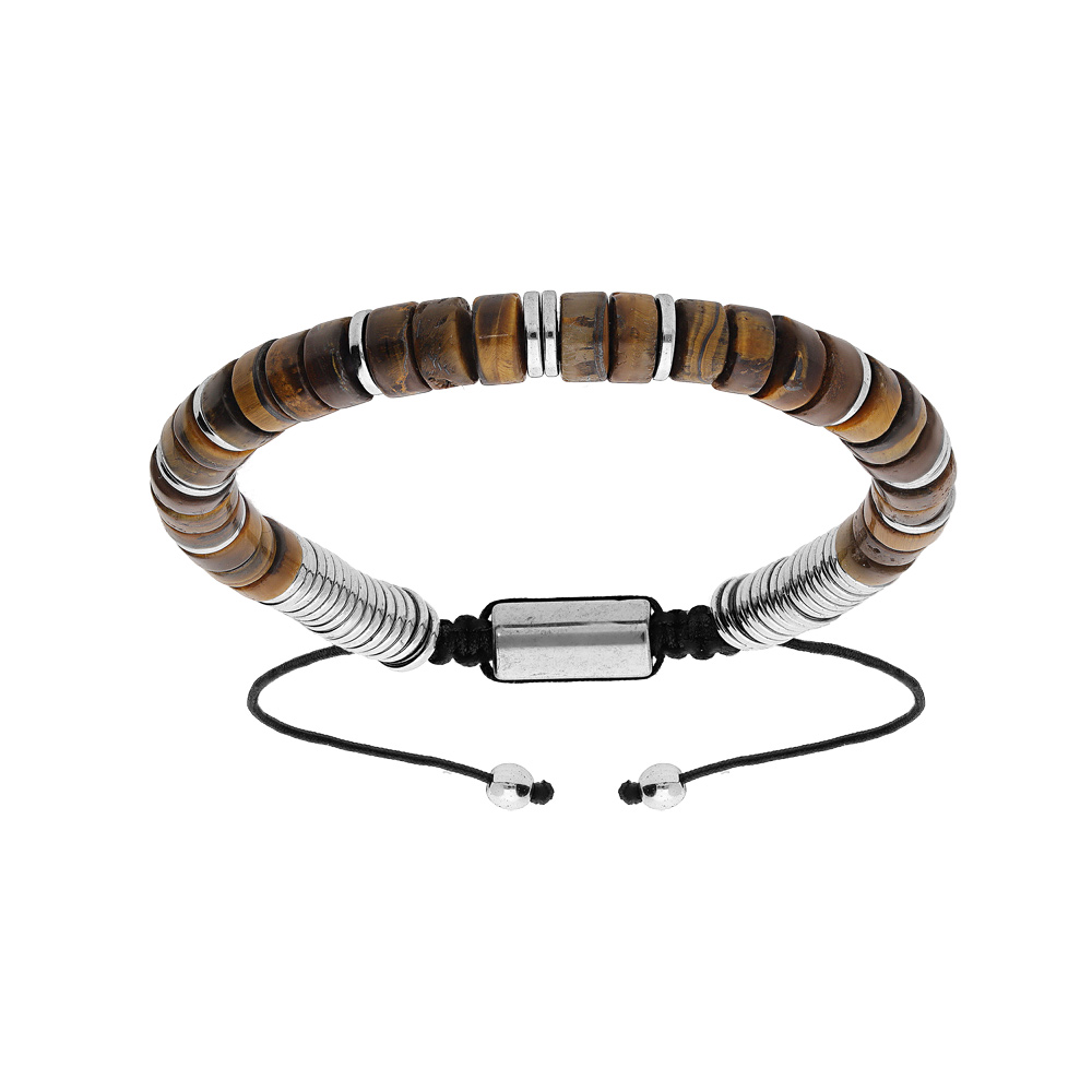 Bracelet en acier avec pierres Oeil de Tigre marron véritable montées sur cordon noir coulissant